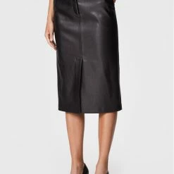 Sisley Γυναίκες Midi Φούστα από απομίμηση δέρματος 4YMKL000M Μαύρο Regular Fit