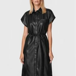 Sisley Γυναίκες Φορέματα σε Στυλ Πουκάμισο & Σεμιζιέ Φόρεμα από απομίμηση δέρματος 4MTMLV01Q Μαύρο Regular Fit